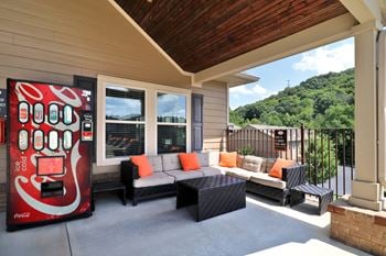 Outdoor pavilion with flat screen tv, and food area